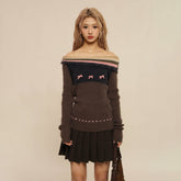 One - Shoulder Ruffle Exposed Shoulder Bow Sweater - COPPING THREADS - MOROMORO